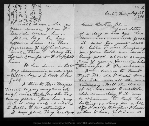 Letter from Maggie R.[Margaret Muir Reid] to John Muir, 1886 Aug 28