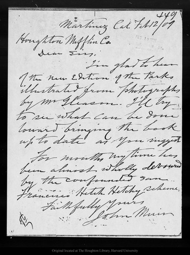 Letter from John Muir to Houghton Mifflin Co., 1909 Feb 12