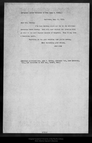 Letter from John Muir to [Anna R.] Dickey, 1913 Aug 13