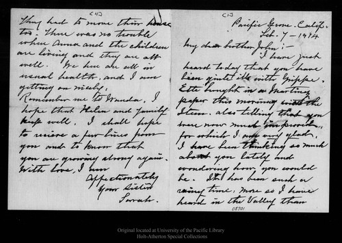 Letter from Sarah [Muir Galloway] to [John Muir], 1914 Feb 7