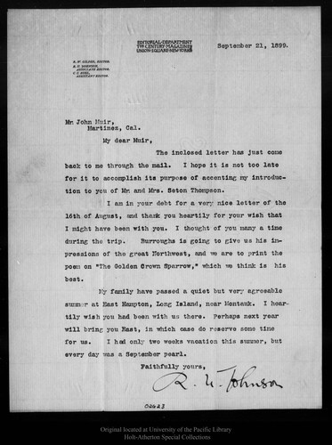 Letter from R[obert] U[nderwood] Johnson to John Muir, 1899 Sep 21