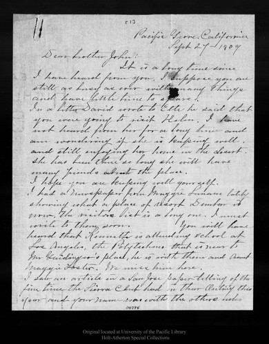 Letter from Sarah [Muir Galloway] to [John Muir], 1909 Sep 27