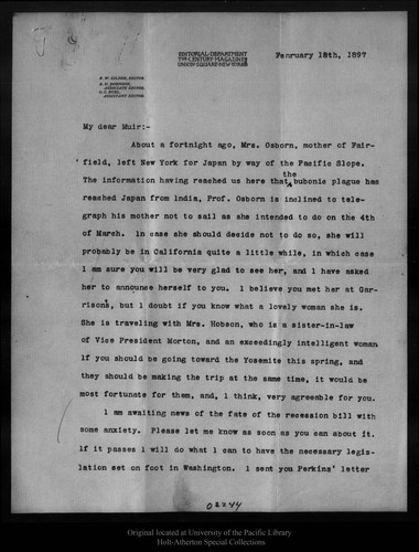 Letter from R[obert] U[nderwood] Johnson to John Muir, 1897 Feb 18