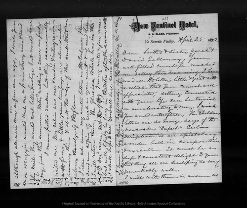 Letter from [John Muir] to Sarah & David Galloway, 1872 Apr 25