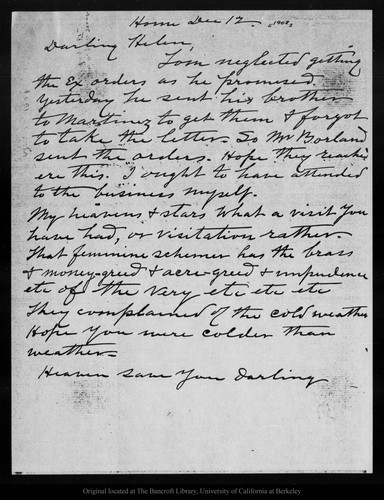 Letter from [John Muir] to Helen [Muir], 1908 Dec 12