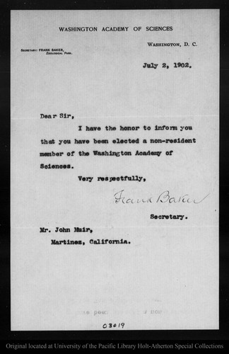 Letter from Frank Baker to John Muir, 1902 Jul 2