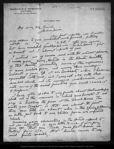 Letter from M. S. Griswold to John Muir, [ca. 1900]