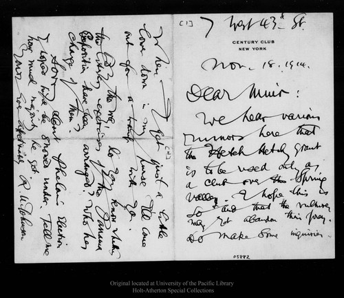 Letter from R[obert] U[nderwood] Johnson to John Muir, 1914 Nov 18