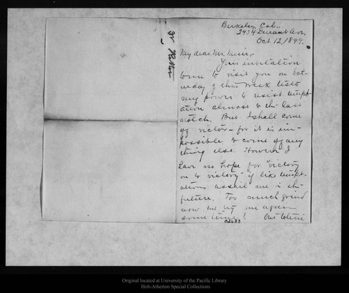Letter from W[illia]m E. Ritter to John Muir, 1899 Oct 12