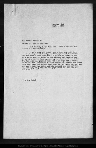 Letter from [Louie Strentzel Muir] to Grandma Muir [Ann Gilrye Muir], 1885 Sep 7