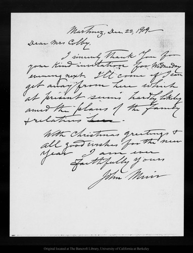 Letter from John Muir to Mrs. [William] Colby, 1909 Dec 22