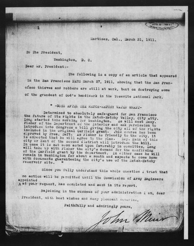 Letter from W[illia]m [H.] Taft to Walter L. Fisher, 1911 Apr 6