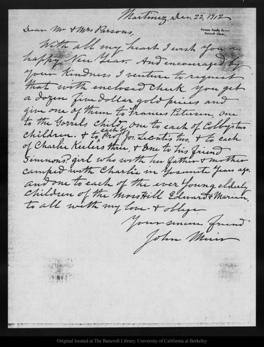 Letter from John Muir to Parsons [family], 1912 Dec 22 — Calisphere