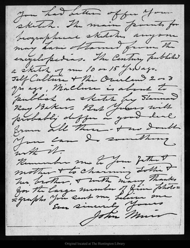 Letter from John Muir to [Helen Lukens Jones], [ca. 1903]
