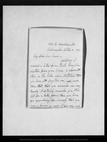 Letter from Eliza S. Hendricks to John Muir, 1891 Oct 7