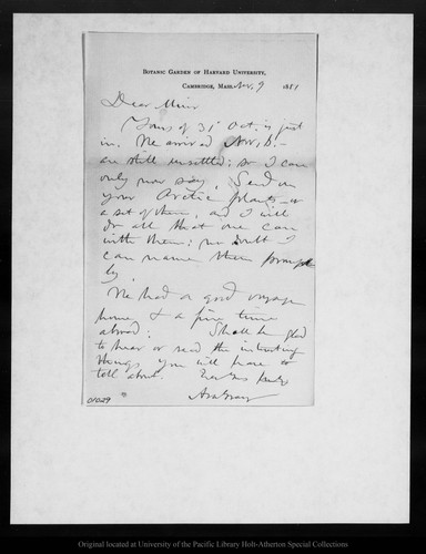 Letter from Asa Gray to John Muir, 1881 Nov 9