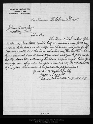 Letter from Joseph Leggett to John Muir, 1895 Oct 14