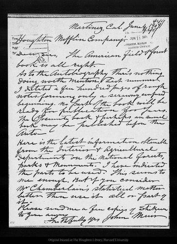 Letter from John Muir to Houghton Mifflin Co, 1909 Jun 4