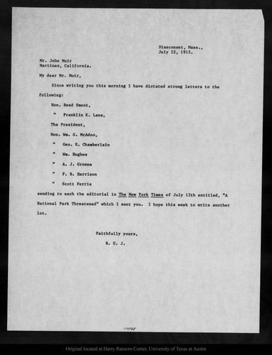 Letter from R[obert] U[nderwood] J[ohnson] to John Muir, 1913 Jul 22