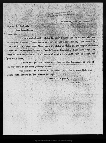 Letter from John Muir to O. C. Haslett, 1907 Nov 4