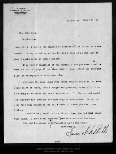 Letter from Samuel S. Shull to John Muir, 1908 Jan 6