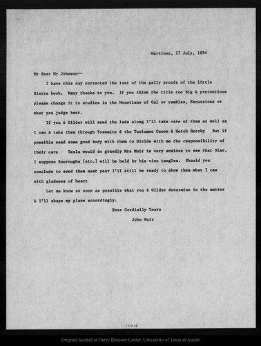 Letter from John Muir to R[obert] U[nderwood] Johnson, 1894 Jul 27