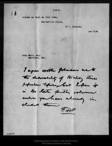 Letter from R[obert] U[nderwood] Johnson to John Muir, 1894 Jun 30