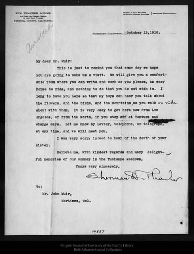 Letter from Sherman D. Thacher to John Muir, 1910 Oct 13