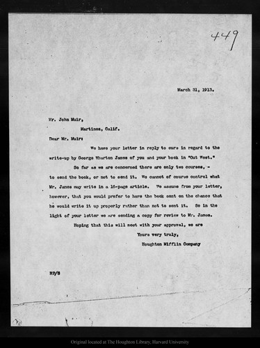 Letter from Houghton Mifflin Co. to John Muir, 1913 Mar 31