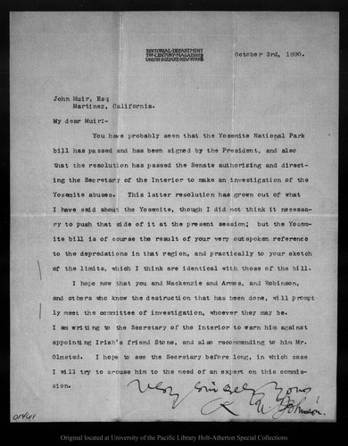 Letter from R[obert] U[nderwood] Johnson to John Muir, 1890 Oct 3