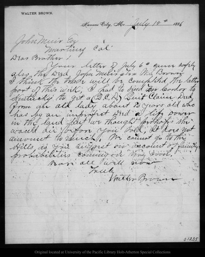 Letter from Walter Brown to John Muir, 1886 Jul 12