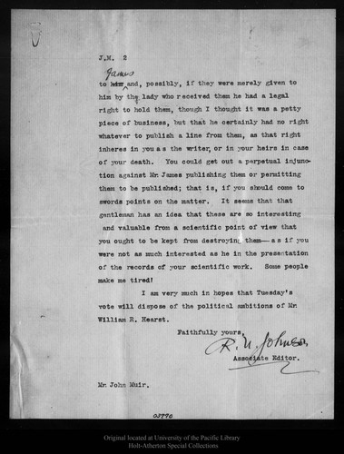 Letter from R[obert] U[nderwood] Johnson to John Muir, 1906 Oct 31