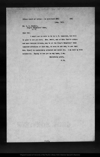 Letter from John Muir to B.O. Kendall, [1902 Jan ?]