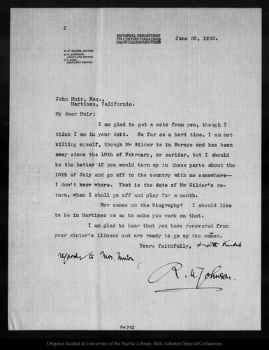 Letter from R[obert] U[nderwood] Johnson to John Muir, 1900 Jun 20