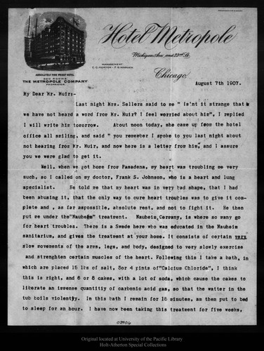 Letter from A. H. Sellers to John Muir, 1907 Aug 7