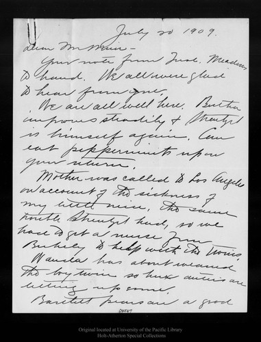 Letter from Tho[ma]s R. Hanna to John Muir, 1909 Jul 20
