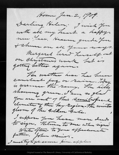 Letter from John Muir to Helen [Muir], 1909 Jan 2