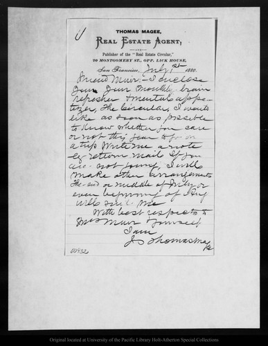 Letter from J. Thomas Magee to John Muir, 1880 Jul 1