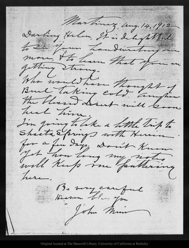 Letter from John Muir to Helen [Muir Funk], 1912 Aug 14