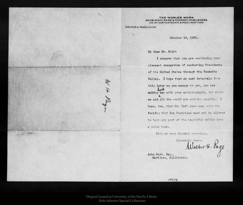 Letter from Walter H. Page to John Muir, 1909 Oct 14
