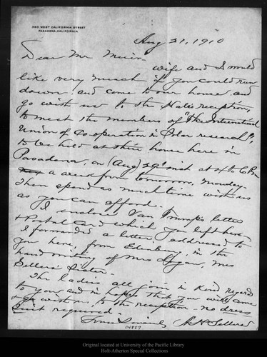 Letter from A. H. Sellers to John Muir, 1910 Aug 21