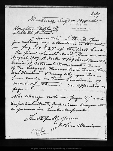 Letter from John Muir to Houghton Mifflin Co., 1909 Aug 12