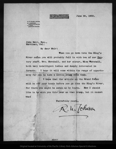 Letter from R[obert] U[nderwood] Johnson to John Muir, 1902 Jun 26