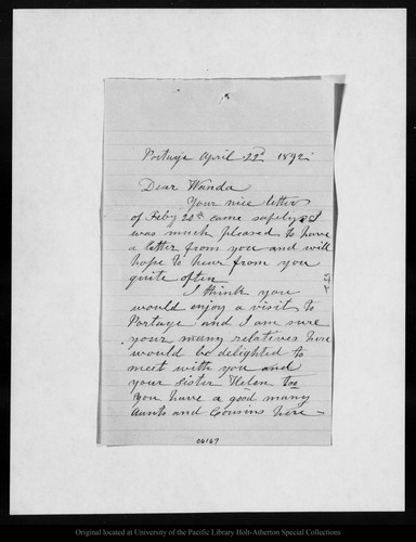 Letter from [Ann Gilrye] Muir to Wanda [Muir], 1892 Apr 22