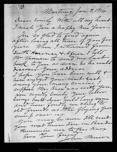 Letter from John Muir to Emily [Pelton Wilson], 1914 Jan 3