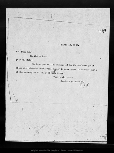 Letter from Houghton Mifflin Co. to John Muir, 1909 Mar 16
