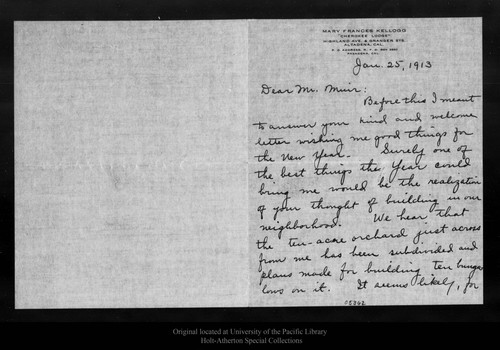 Letter from Mary Frances Kellogg to John Muir, 1913 Jan 25