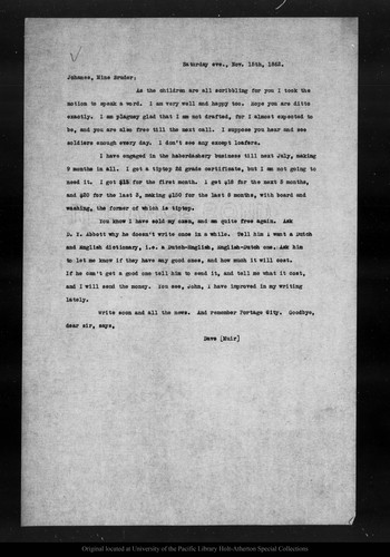 Letter from Dave David G. Muir to John Muir, 1862 Nov 15