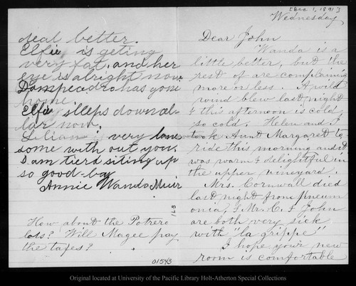 Letter from Louie [Strentzel Muir] to John Muir, [1891 Dec 1]
