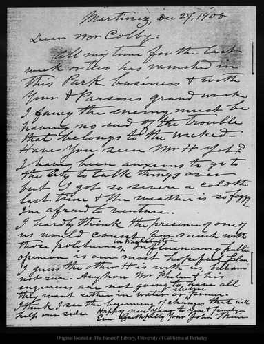 Letter from John Muir to [William] Colby, 1908 Dec 27